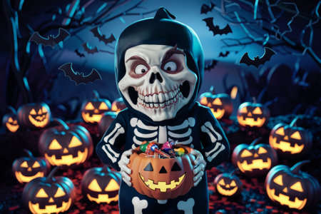 A skeleton holding a pumpkin in his hand with many halloween pumpkins around him, AIの素材