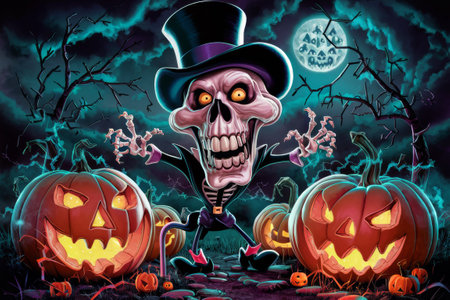 A cartoon skeleton in top hat and black suit standing next to pumpkins, AIの素材