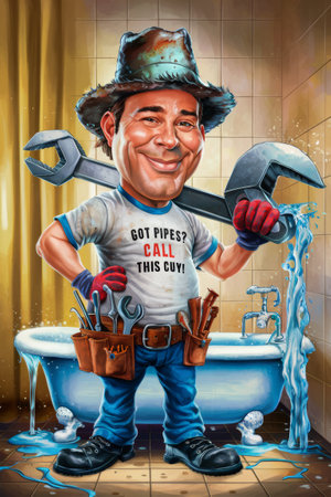 A cartoon of a man with tools in his hand standing next to the bathtub, AIの素材