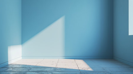 A room with a blue wall and white floor, the sun is shining through, AIの素材
