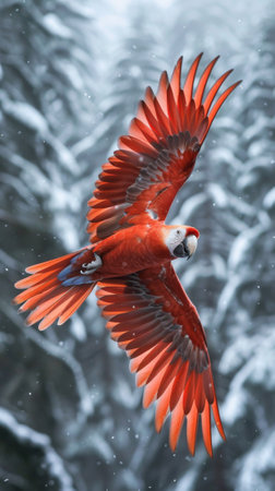 A red parrot flying in the air with snow and trees behind it, AIの素材