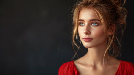 A woman with a red dress and blonde hair looking up, AIの素材