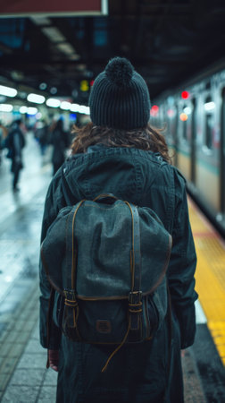A person with a backpack standing in front of subway train, AIの素材