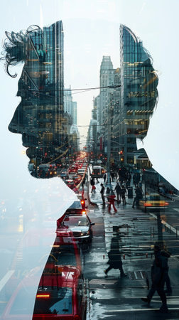 A double exposure of a man walking down the street, AIの素材
