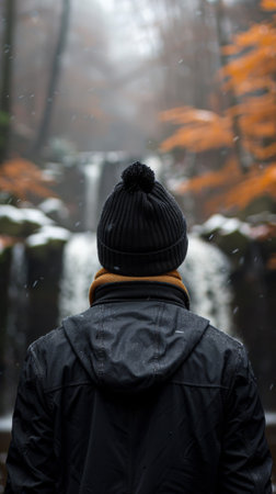 A man in a black jacket looking at the waterfall, AIの素材