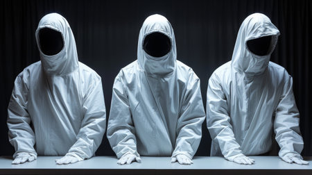 Three people in white suits sitting at a table with their hands behind them, AIの素材