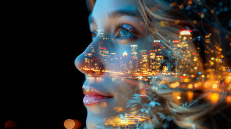 A woman with a city skyline in the background and her face, AIの素材