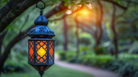 A lantern hanging from a tree in the middle of a park, AIの素材