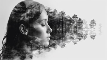 Double exposure portrait of a woman with trees in the background, AIの素材