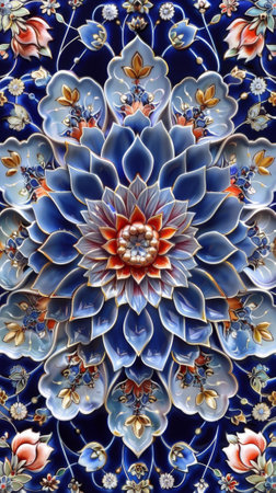 A close up of a decorative flower on blue tile, AIの素材