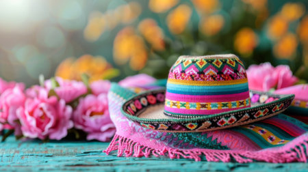 A colorful hat sits on top of a blanket next to some flowers, AIの素材