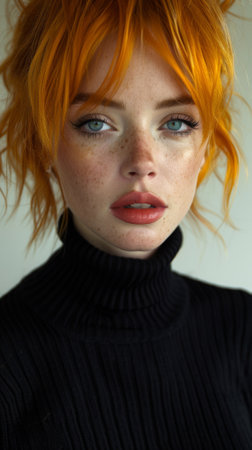 A woman with red hair wearing a black turtle neck sweater, AIの素材