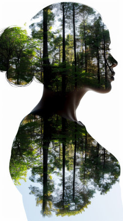 A womans face is shown in a double exposure of trees, AIの素材
