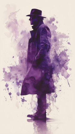 A man in a hat and coat standing next to purple splatter, AIの素材