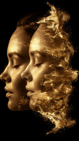 Two women are shown in a gold and black image, AIの素材