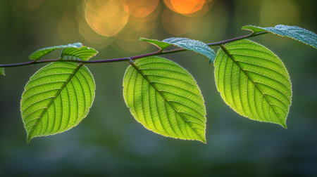 A close up of a green leaf on the branch, AIの素材