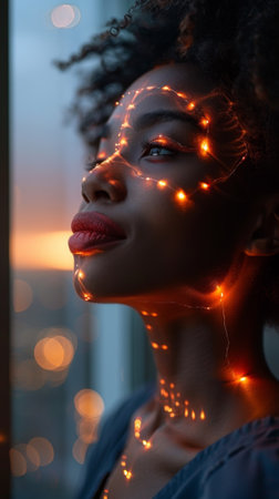 A woman with a lighted face and curly hair, AIの素材