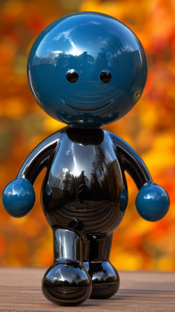 A blue and black figurine of a smiling man on wooden table, AIの素材