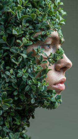 A man with a face covered in green leaves and branches, AIの素材