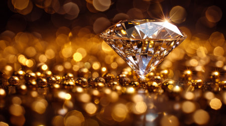 A diamond is surrounded by gold balls on a shiny background, AIの素材