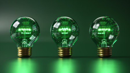 Three glowing light bulbs are shown in a row on the table, AIの素材