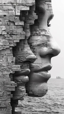 A womans face is shown in a stone wall, AIの素材