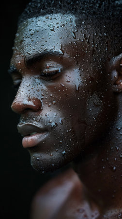 A man with a wet face and hair standing in the rain, AIの素材