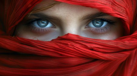 A woman with blue eyes wearing a red scarf over her face, AIの素材