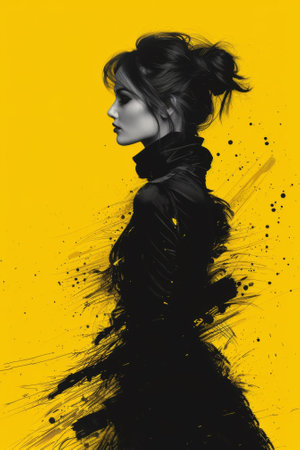 A woman with black hair and a yellow background, AIの素材