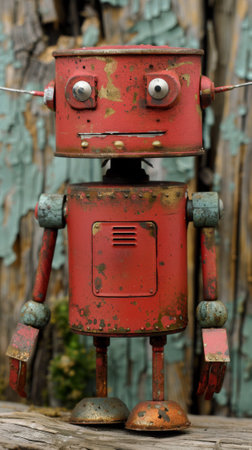A red robot sitting on a wooden table with eyes and arms, AIの素材
