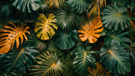 A close up of a bunch of tropical leaves that are green and yellow, AIの素材