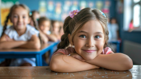 A little girl sitting at a table with her arms crossed, AIの素材