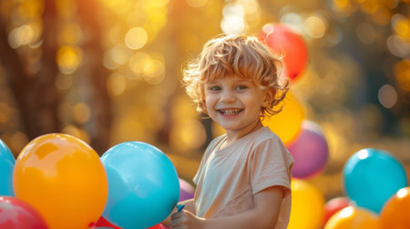 A young boy smiling while holding a bunch of balloons, AIの素材