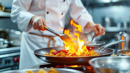 A chef in a white uniform cooking food on the stove, AIの素材