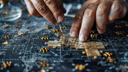 A person is working on a puzzle with pieces of wood, AIの素材