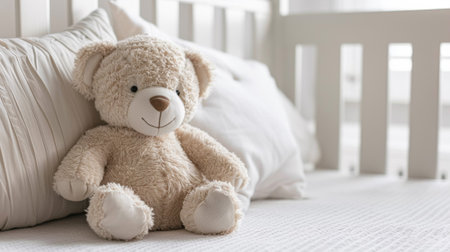 A teddy bear sitting on a pillow in the crib, AIの素材