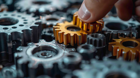 A person is placing a gold gear into another one, AIの素材