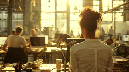 A woman sitting at a desk in an office with other people, AIの素材
