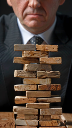 A man in a suit and tie sitting at table with wooden blocks, AIの素材