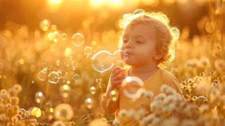 A little girl blowing bubbles in a field of flowers, AIの素材