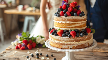 A close up of a wedding cake with berries and cream on top, AIの素材