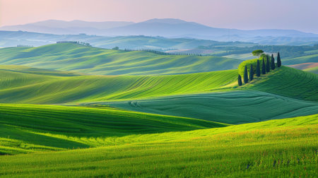 A view of a green landscape with rolling hills and trees, AIの素材