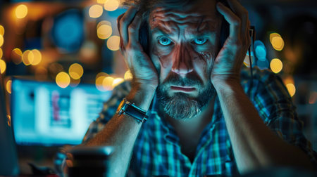 A man with headphones on and a laptop in front of him, AIの素材