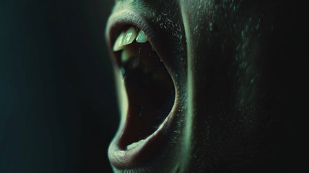 A close up of a person with their mouth open and teeth showing, AIの素材