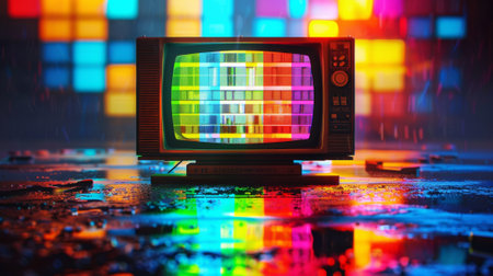 A television set with a rainbow of colors on the screen, AIの素材