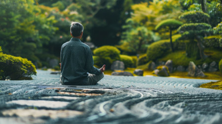 A man sitting in the middle of a field meditating, AIの素材