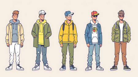 A cartoon drawing of a group of men wearing different clothes, AIの素材