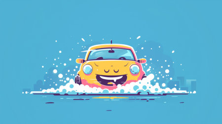 A cartoon car is splashing water on the road with a smile, AIの素材