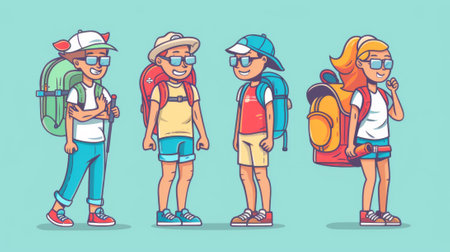 Cartoon characters with backpacks and hats walking around, AIの素材