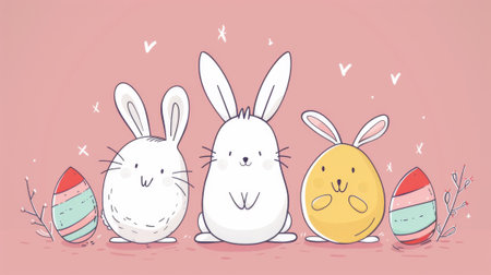 Three cute bunnies sitting next to each other with easter eggs, AIの素材